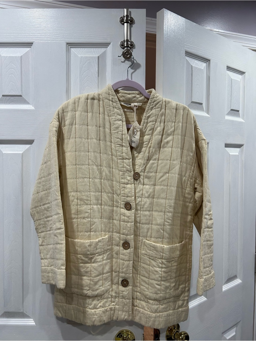 Women’s Quilted Button-Front Puffer Jacket in Cream